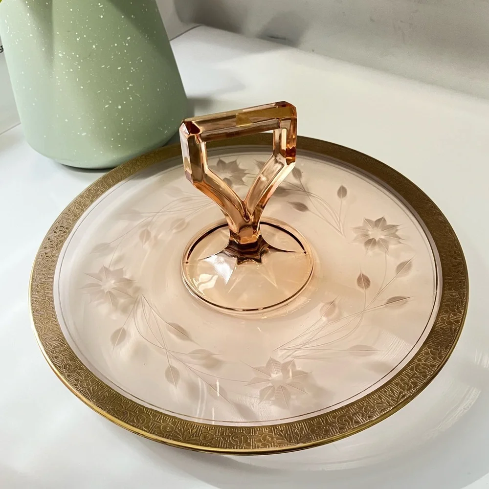 Vintage Pink Depression Glass Platter with Handle with Etched Detail Gold Trim